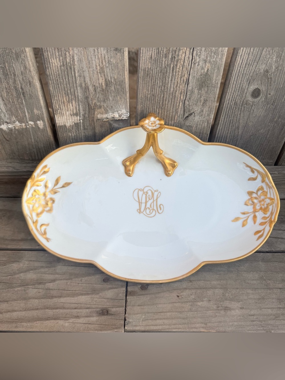 Vintage Limoges French Porcelain Gold Monogrammed Trinket / Candy Bowl